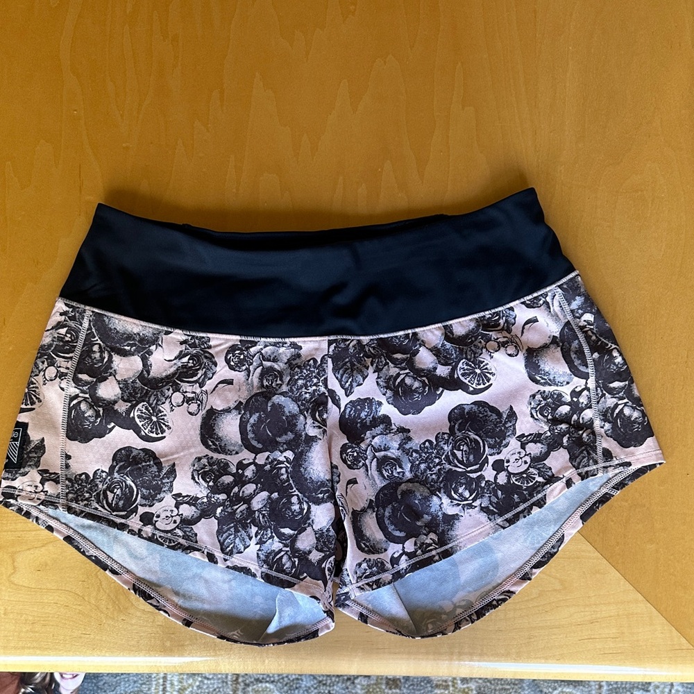 Oiselle Black and Pink Floral Athletic Shorts